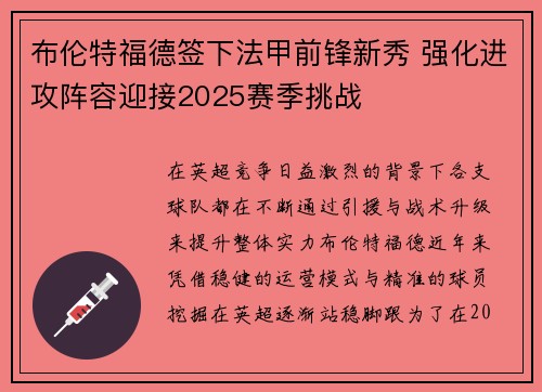 布伦特福德签下法甲前锋新秀 强化进攻阵容迎接2025赛季挑战 布伦特福德签下法甲前锋新秀 强化进攻阵容迎接2025赛季挑战